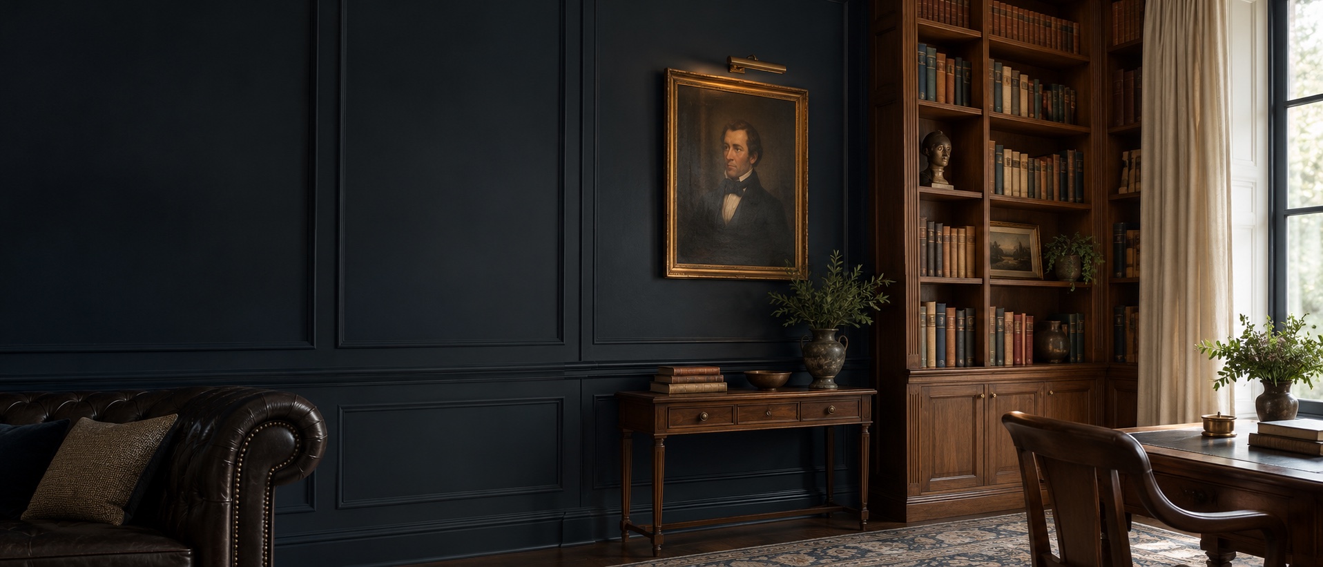 Biblioteca de madera con libros y luz cálida